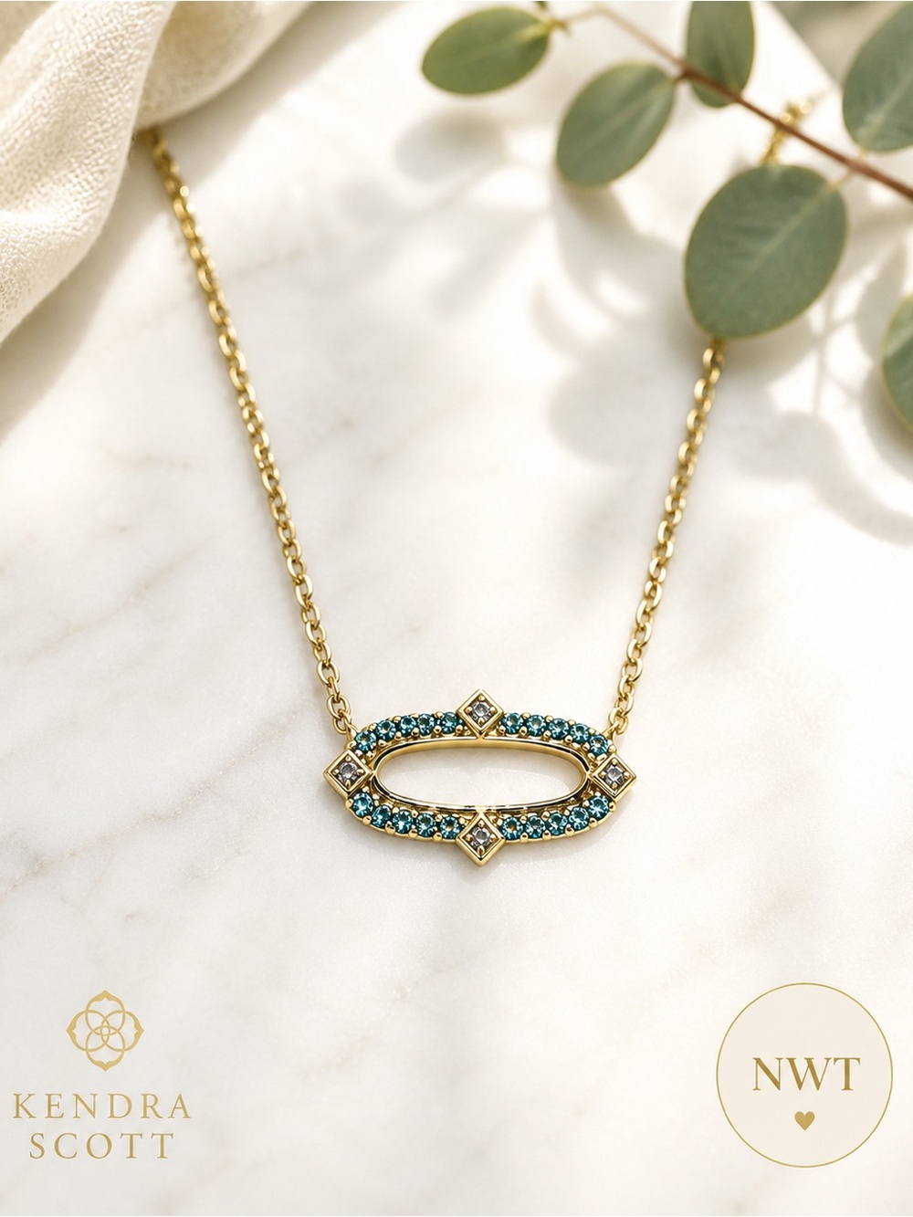 Kendra Scott new Gold Necklace open framed Whimsy crystal Accents necklace blue